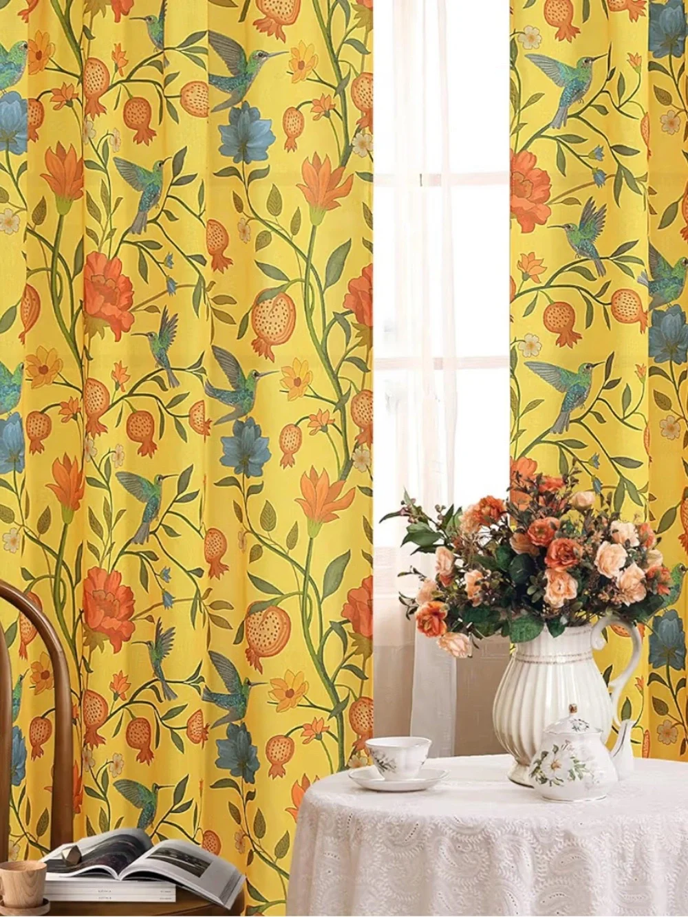 Floral bird yellow curtains 52 X 96” NEW